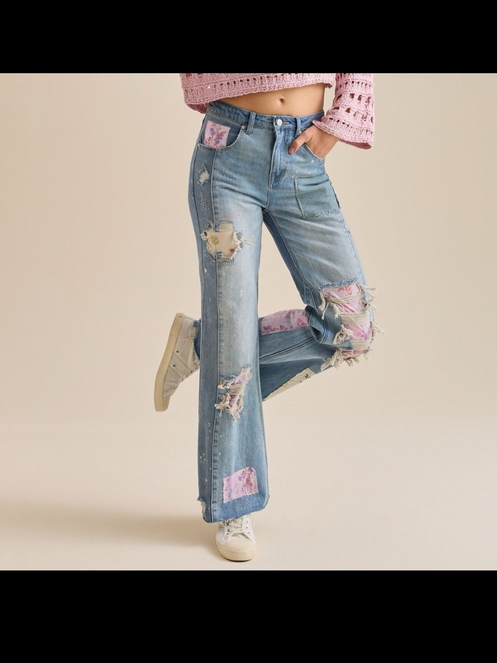 Altar'd State Denim Flare Jeans with Pink Patchwork